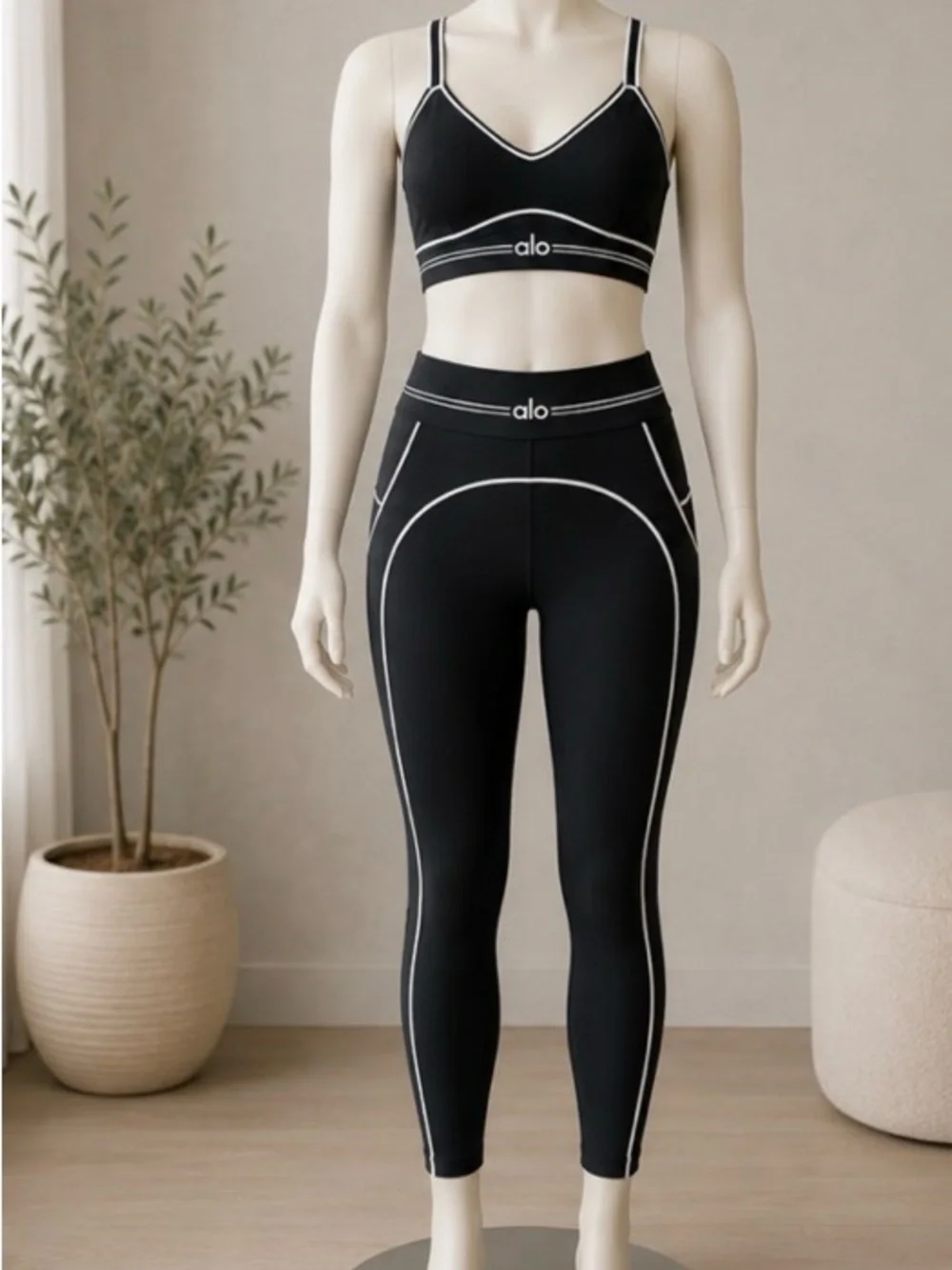 ALO Yoga Black Leggings with White Piping & Matching Sports Bra